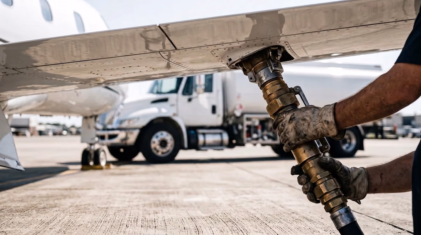 A refueller's gloved hands connecting a brass fuel coupling to the single point refuelling port under the wing of a business jet on a sunlit ramp