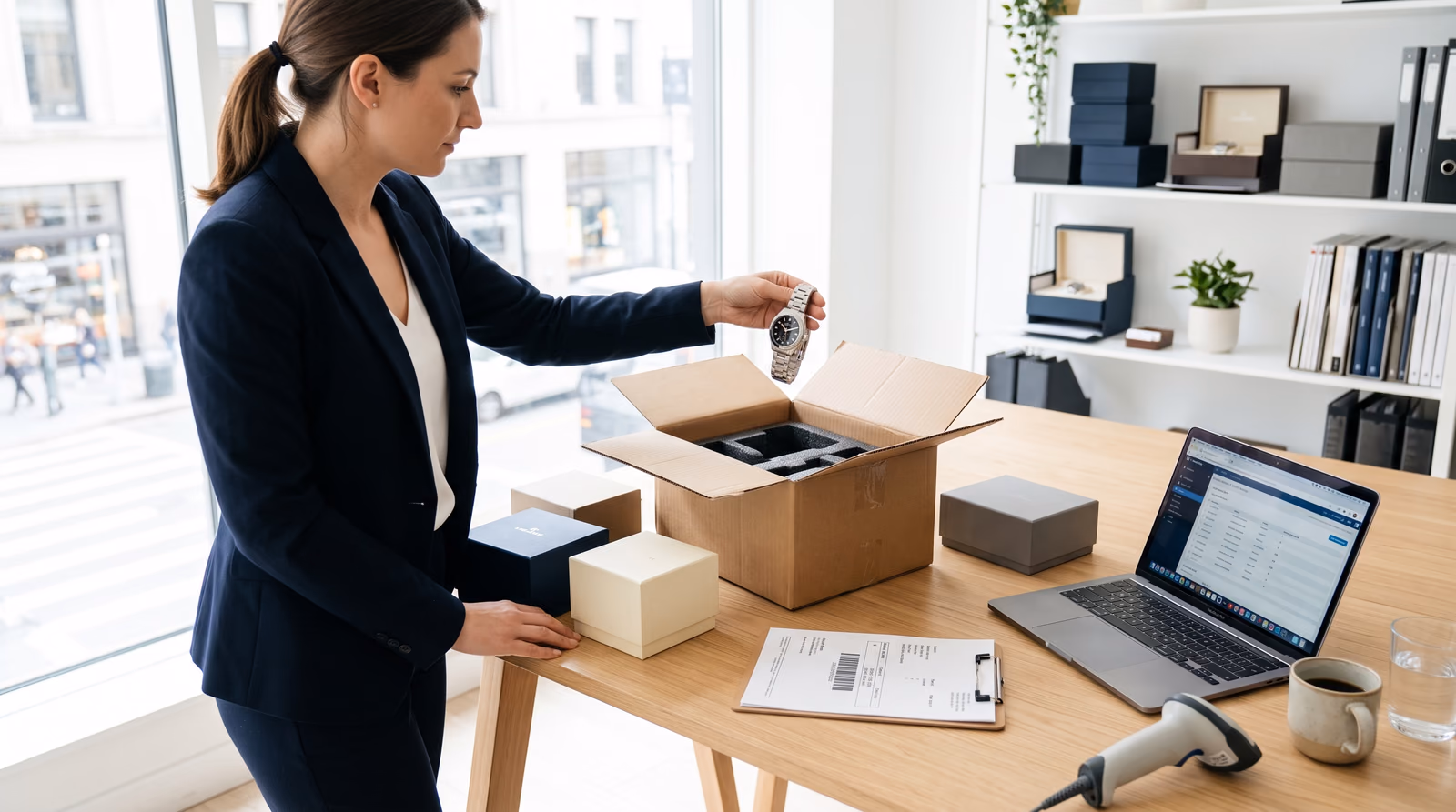 A retail manager in a daylit back office lifts a steel wristwatch out of a freshly opened courier carton, with watch presentation boxes of different sizes, a delivery note on a clipboard, a laptop and a barcode scanner on the oak desk.