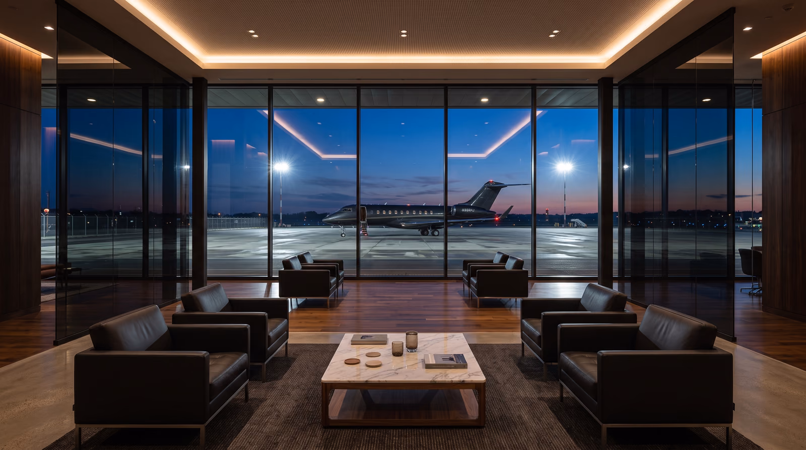 An empty FBO lounge at dusk with low seating and floor to ceiling glass looking out onto a lit apron, a business jet parked in the middle distance