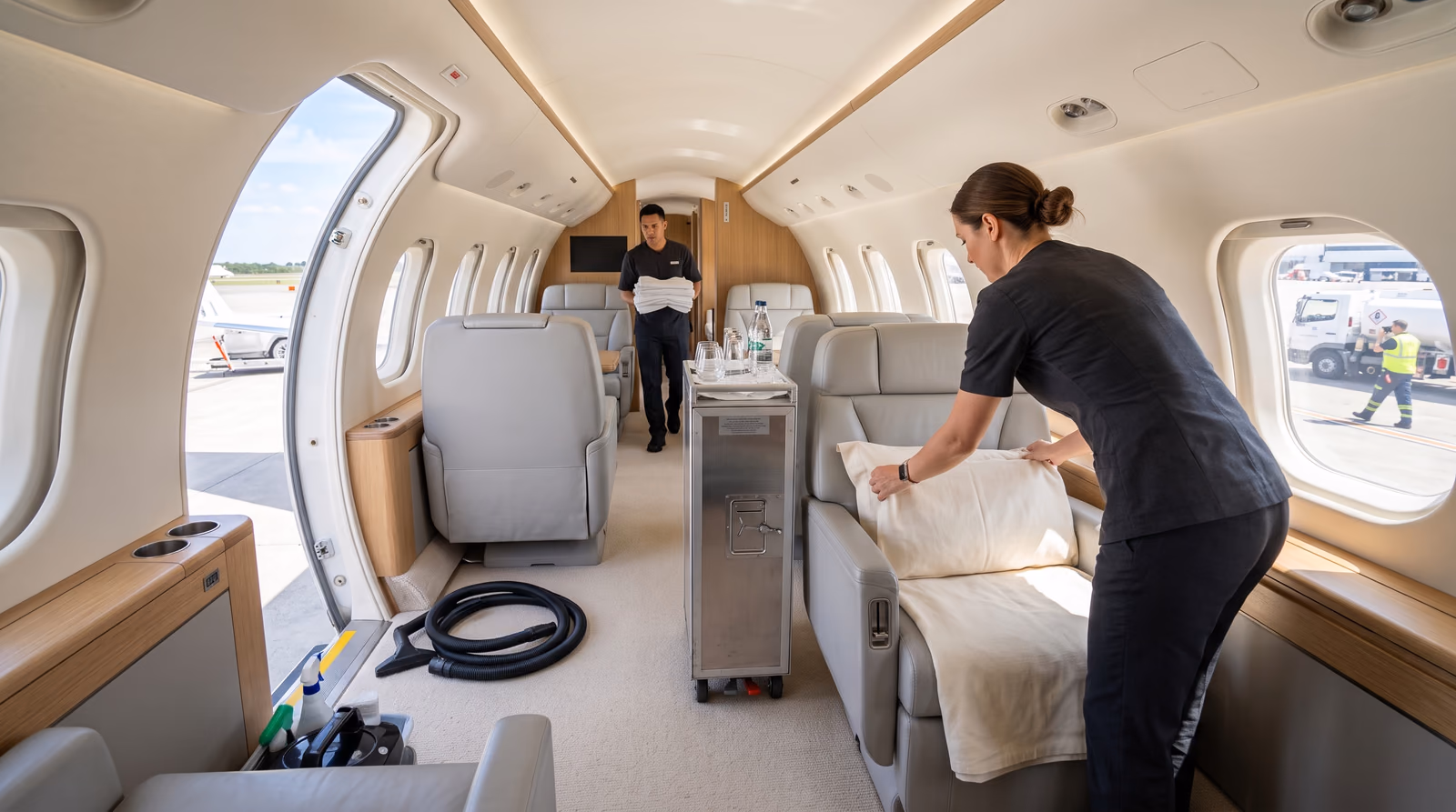 Two cabin crew members turning around a large-cabin business jet in bright daylight, one laying a fresh blanket and pillow on a grey leather seat, the other carrying folded linens past a service cart, with a fuel truck visible through the window
