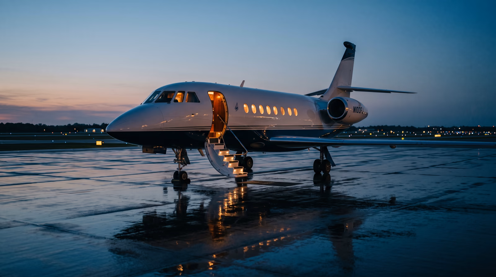 A midsize business jet parked alone on an empty airport apron at dusk with its airstairs lowered and the cabin lit from inside