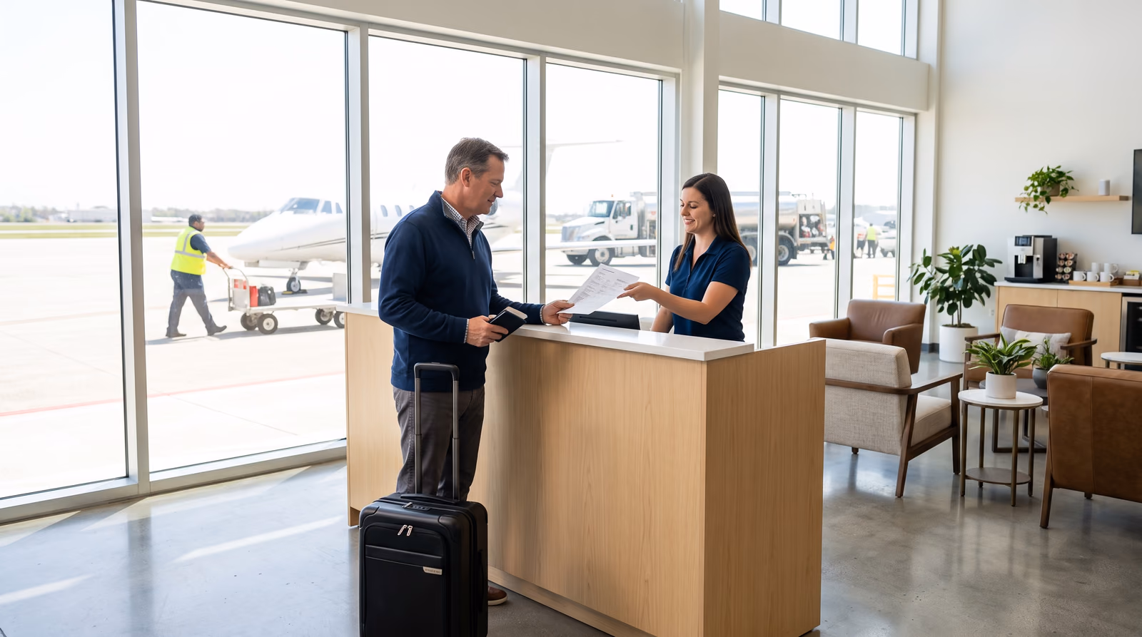A traveller with a carry-on bag checks in at the counter of a bright private aviation terminal lounge as a staff member hands him a printed trip sheet, with a business jet, a fuel truck and a ground handler pushing a baggage cart on the sunlit ramp outside